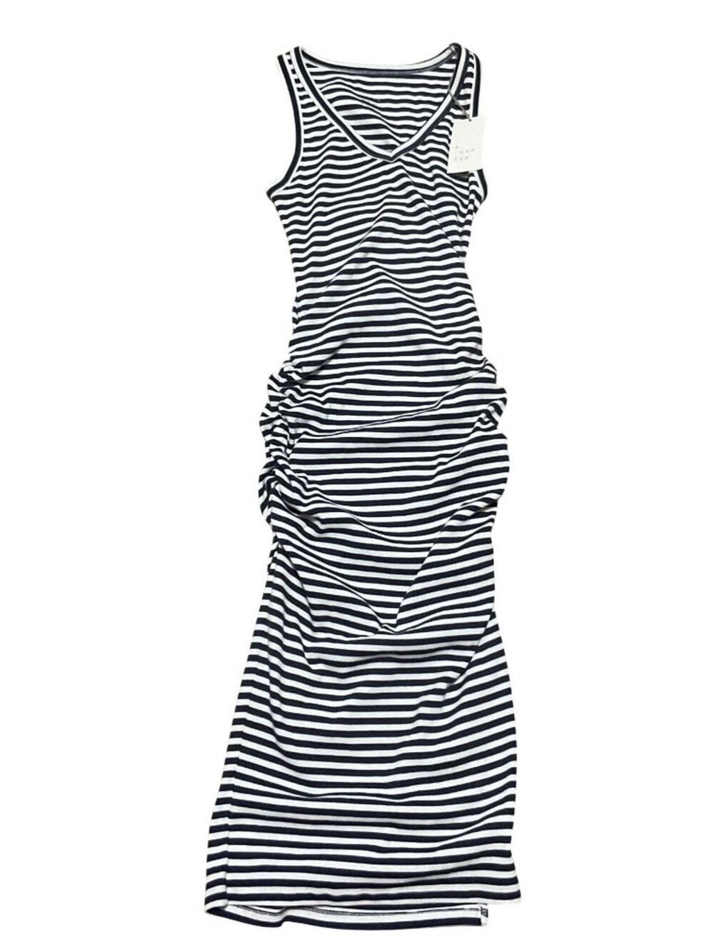NWT Rib Knit Side Ruched Dress Size XS A New Day Navy Blue Striped Womens